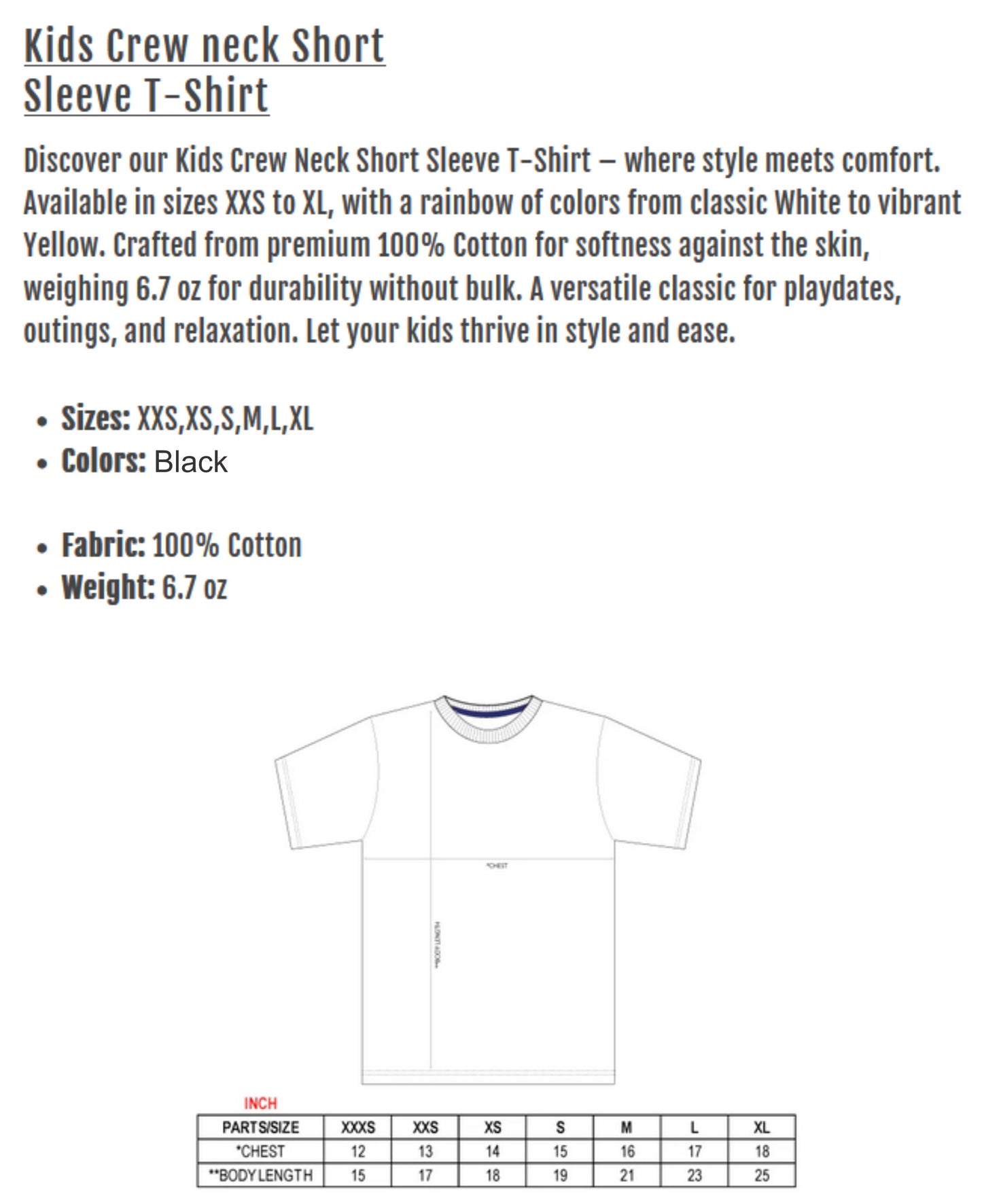 Product description of a Kids Crew neck Short Sleeve T-Shirt with text and a white t-shirt graphic.