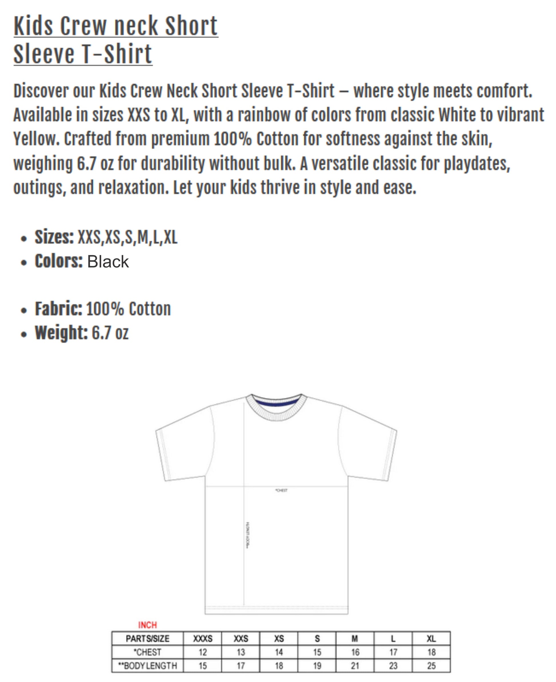 Product description of a Kids Crew neck Short Sleeve T-Shirt with text and a white t-shirt graphic.